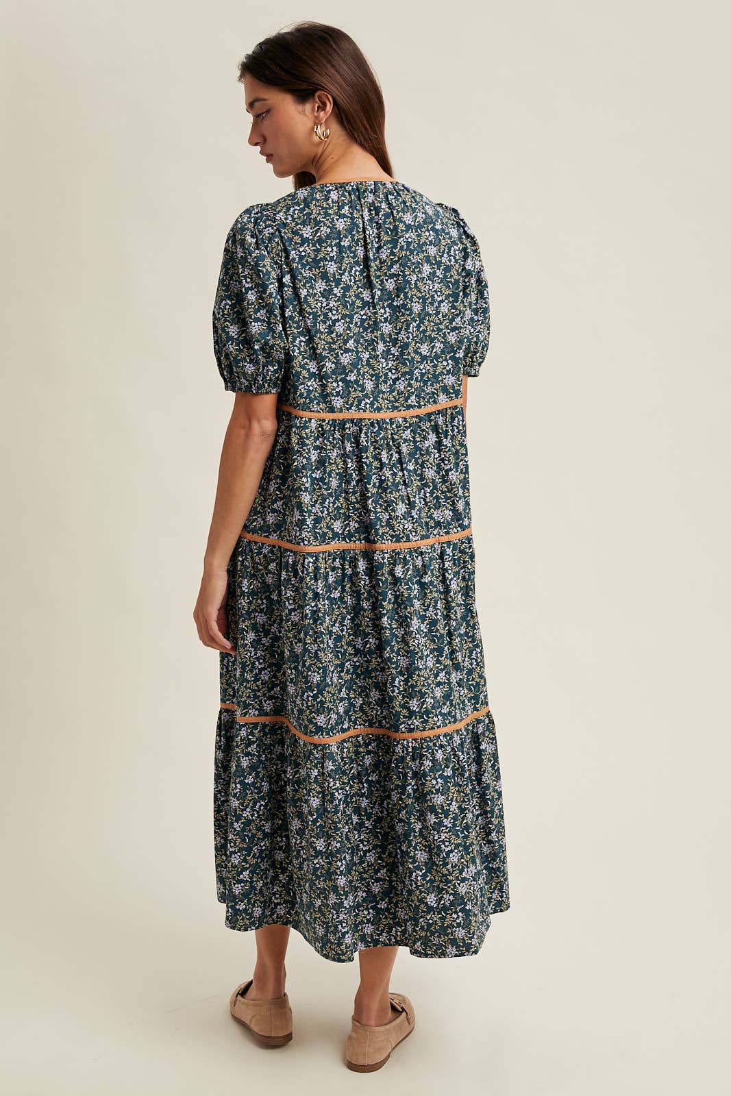Teal Floral Piping Midi Dress