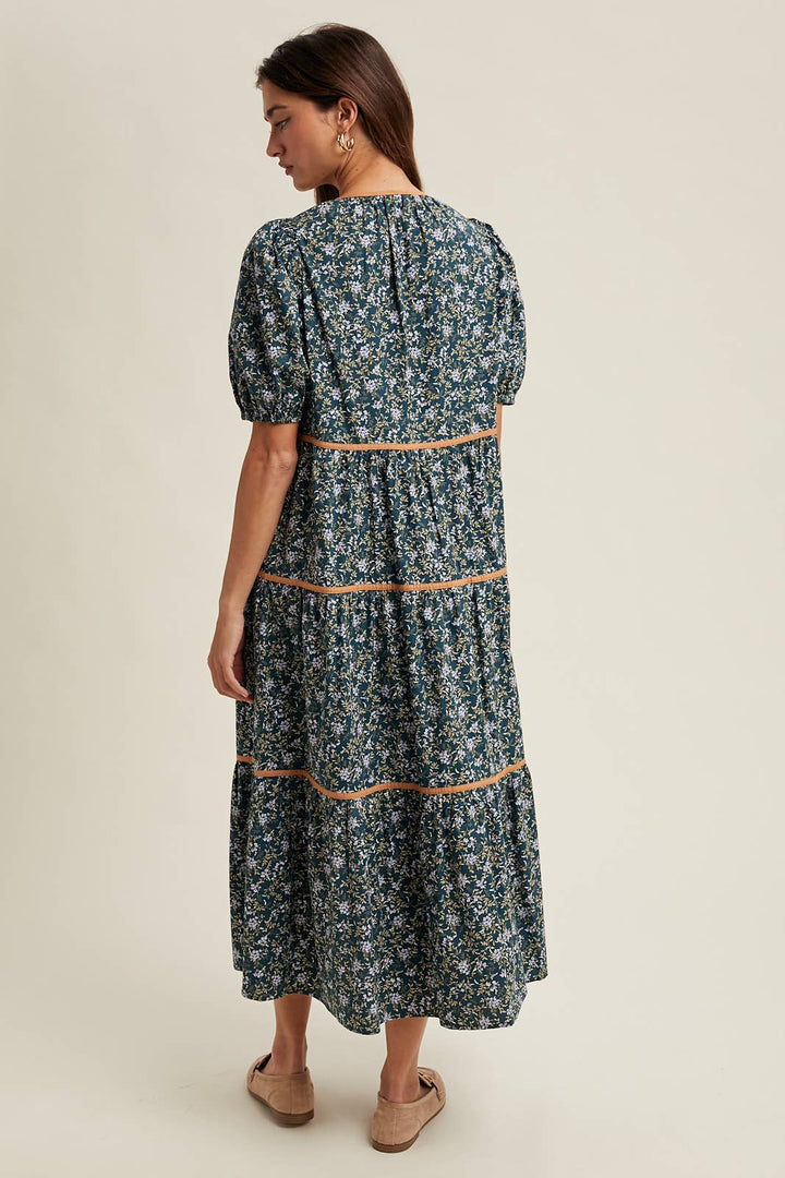 Teal Floral Piping Midi Dress