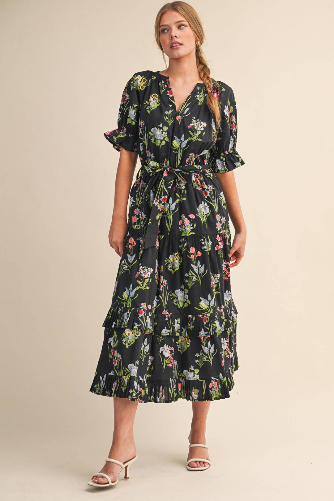 Floral Print Belted Midi Dress in Black