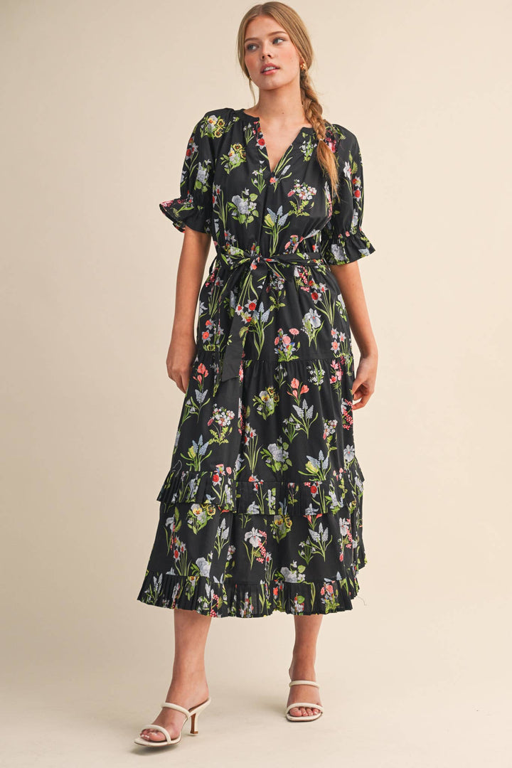 Floral Print Belted Midi Dress in Black