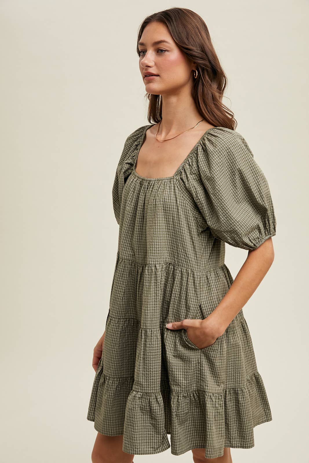 Olive Gingham Puff Sleeve Mini Dress