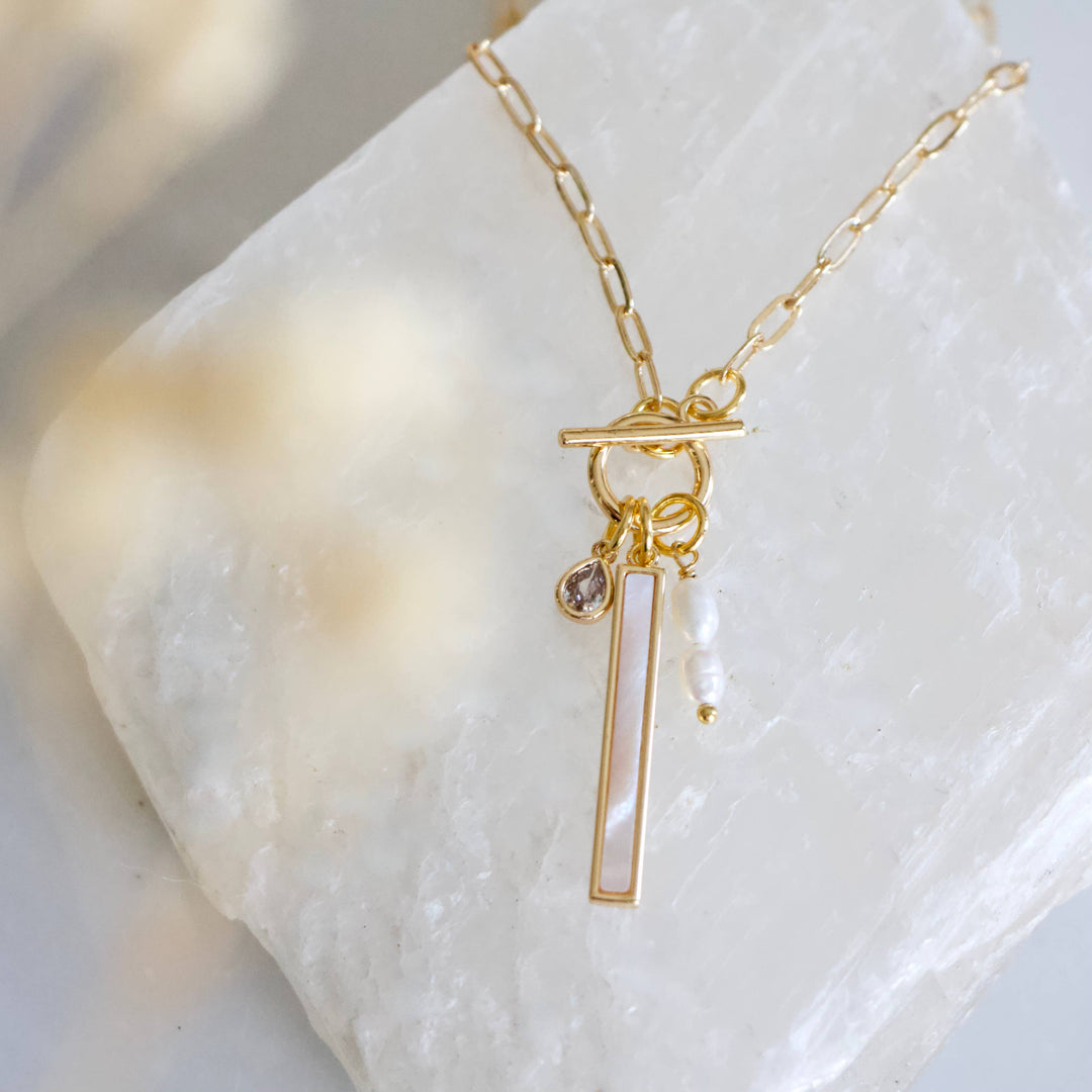 CZ, Mother of Pearl Charm Toggle Necklace 