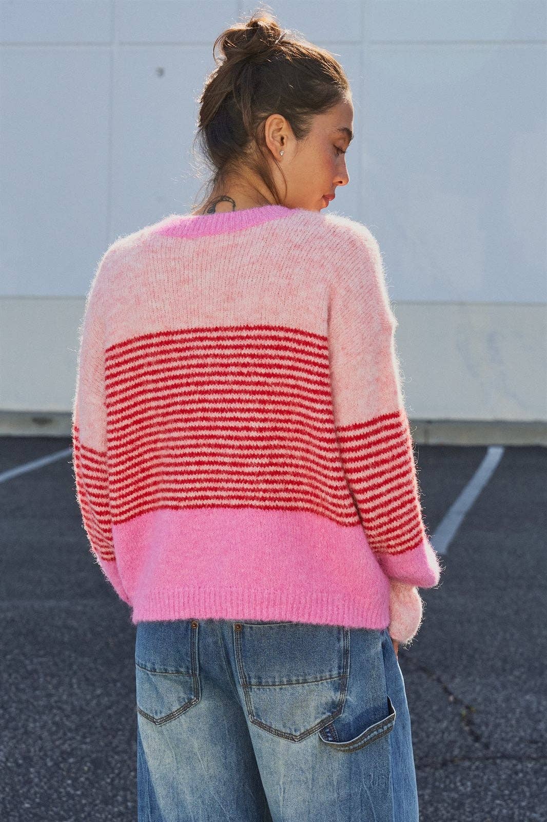 Striped Fuzzy Knit Cardigan in Pink