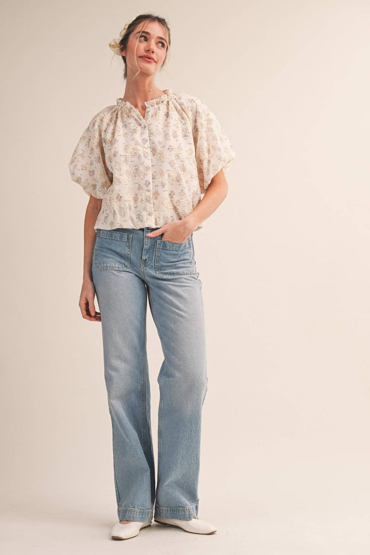 Ivory Floral Print Eyelet Bubble Top