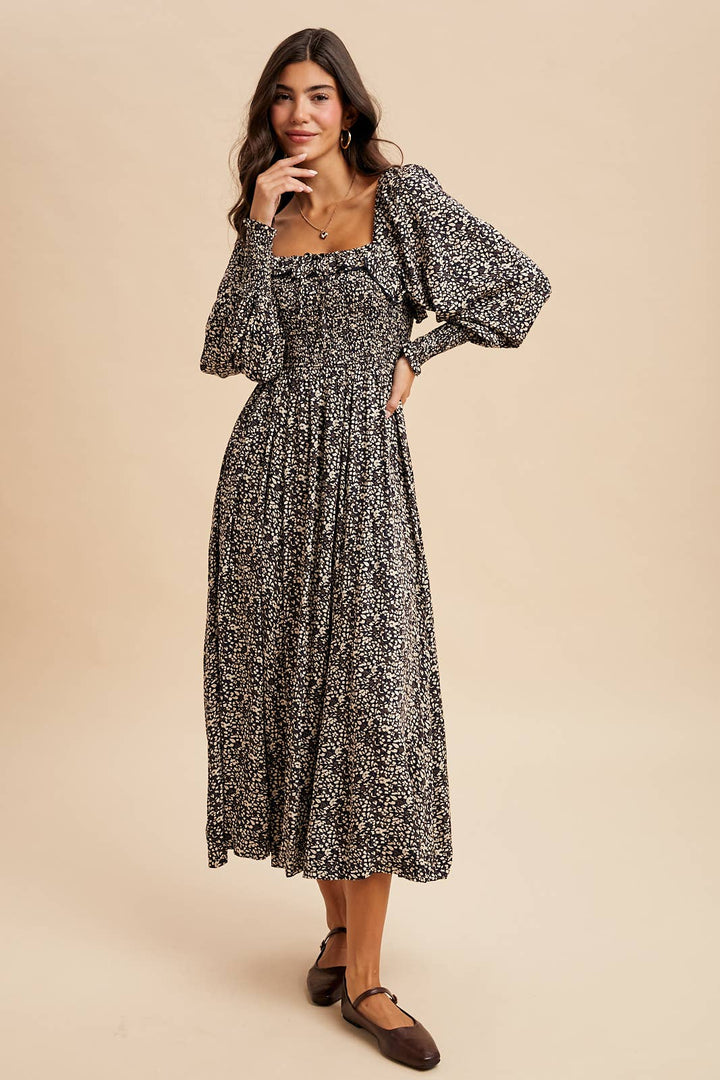 Smocked Ruffled Floral Maxi in Midnight