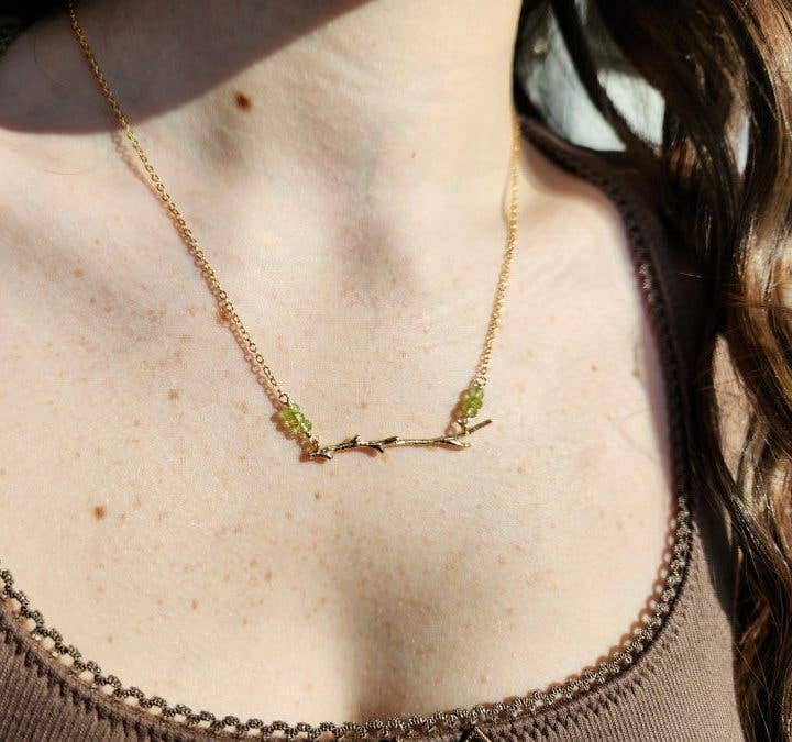 Gold Thin Branch and Peridot Necklace