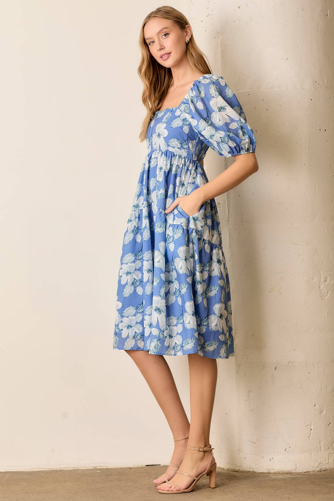 Blue Floral Square Neck Midi Dress