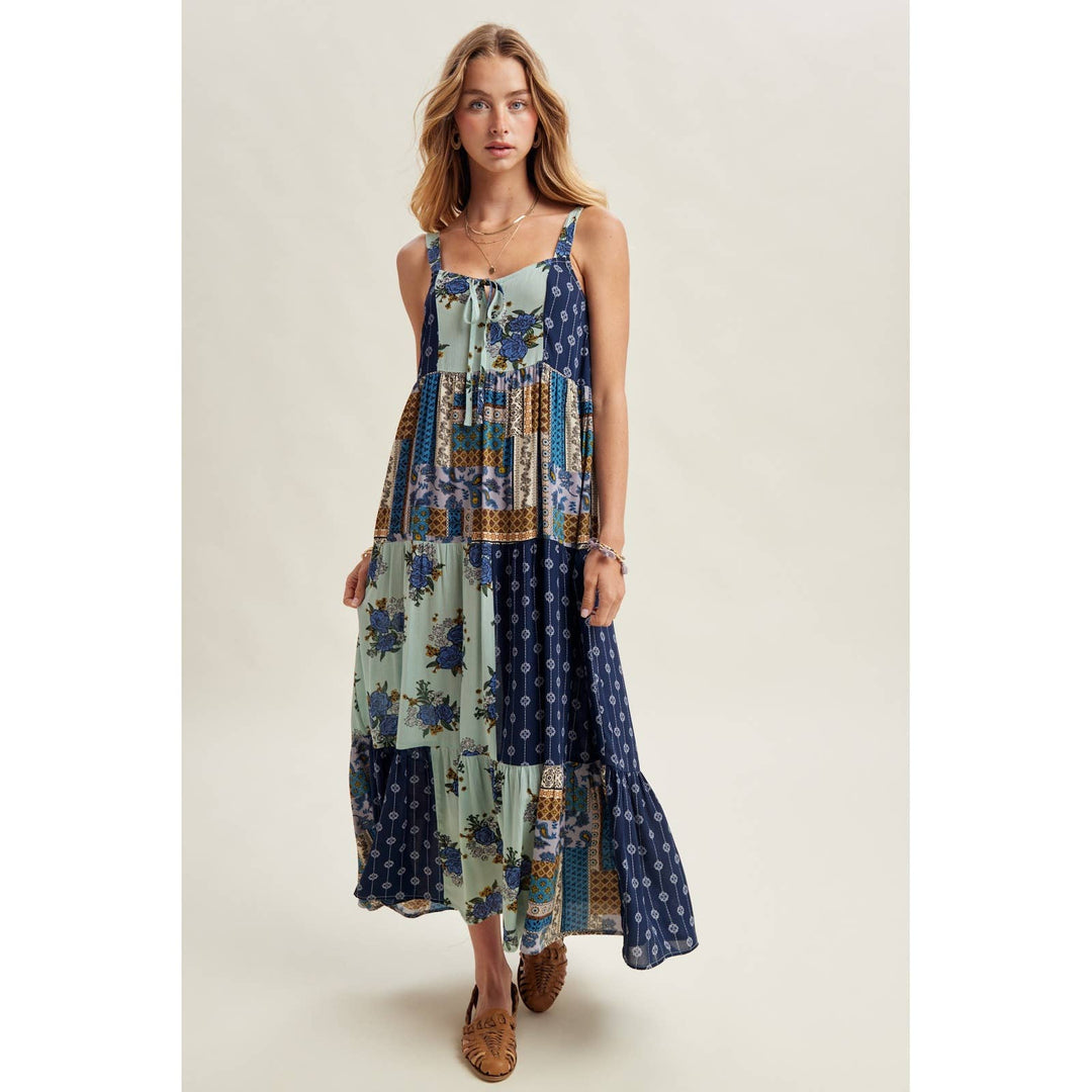 Patchwork Print Tiered Midi Dress