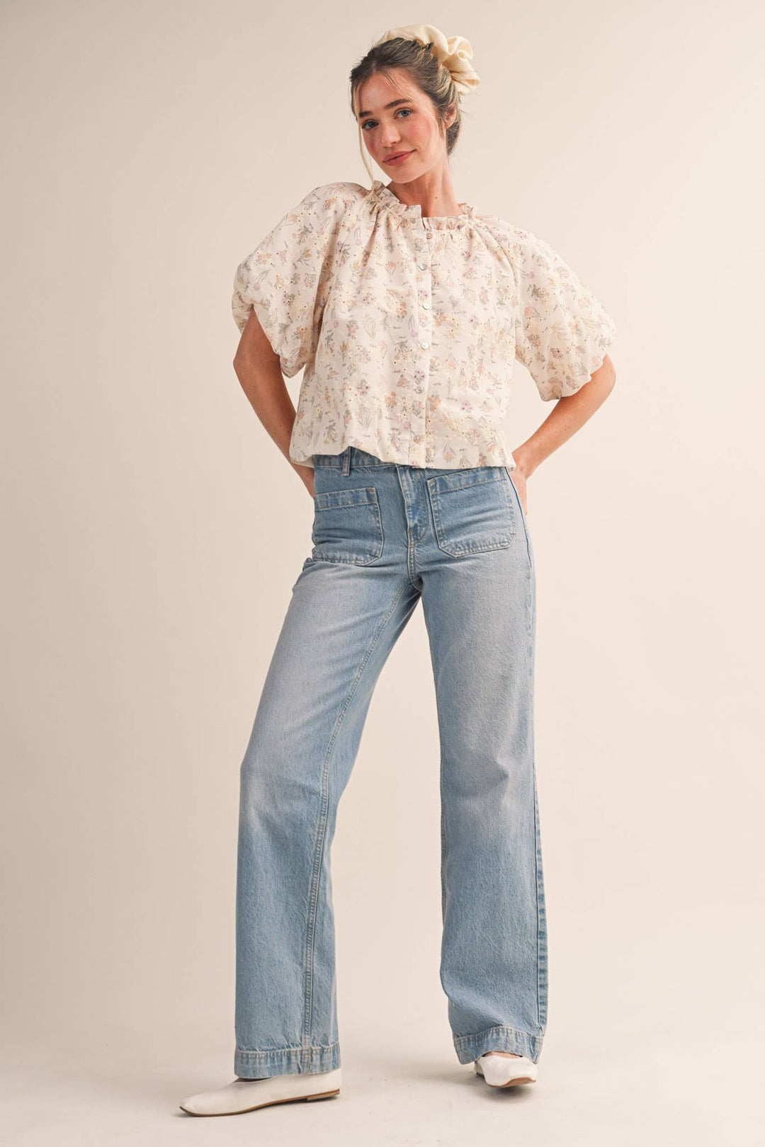 Ivory Floral Print Eyelet Bubble Top