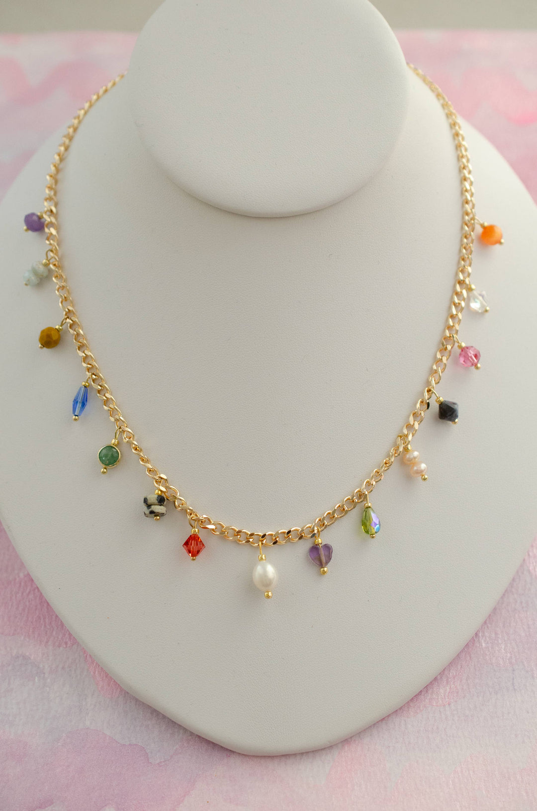 Multicharm Beaded Necklace on Curb Chain