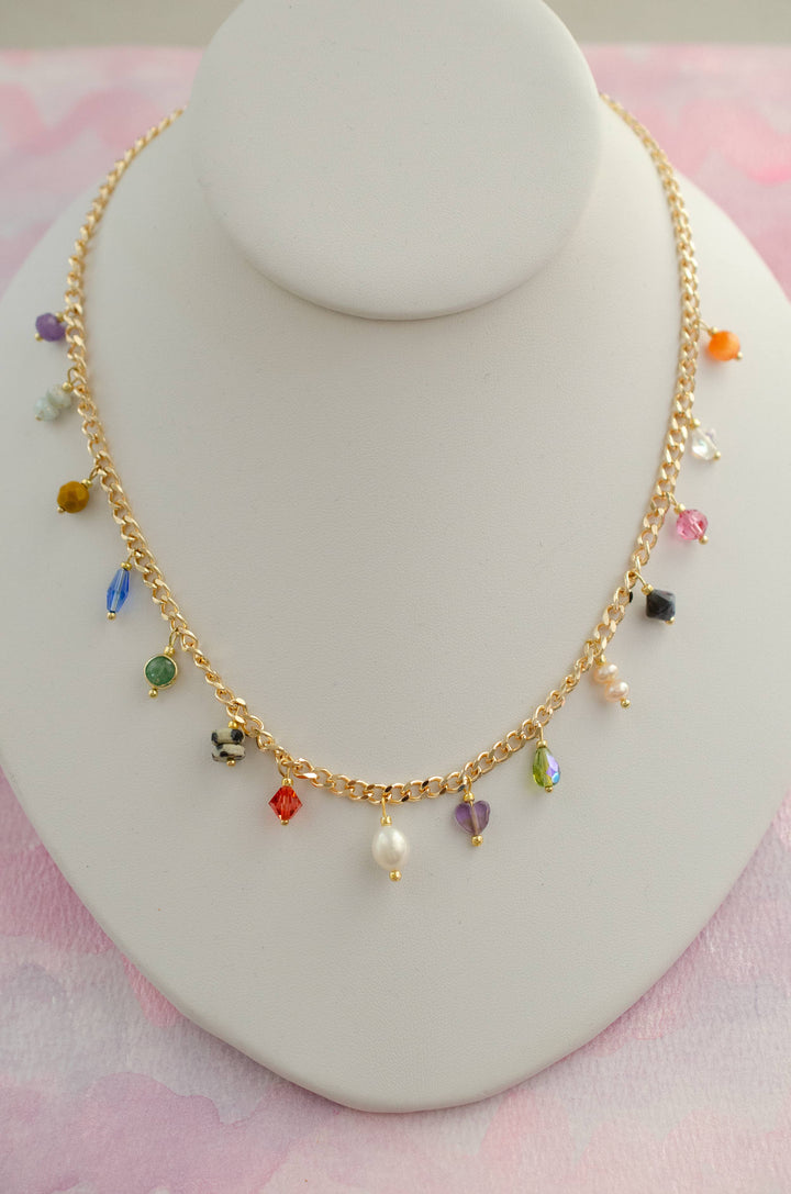 Multicharm Beaded Necklace on Curb Chain