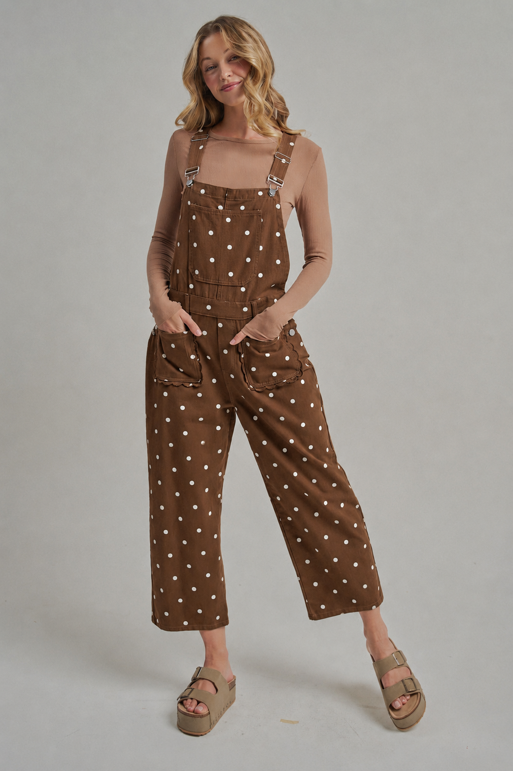Polka Dot Twill Jumpsuit in Coffee