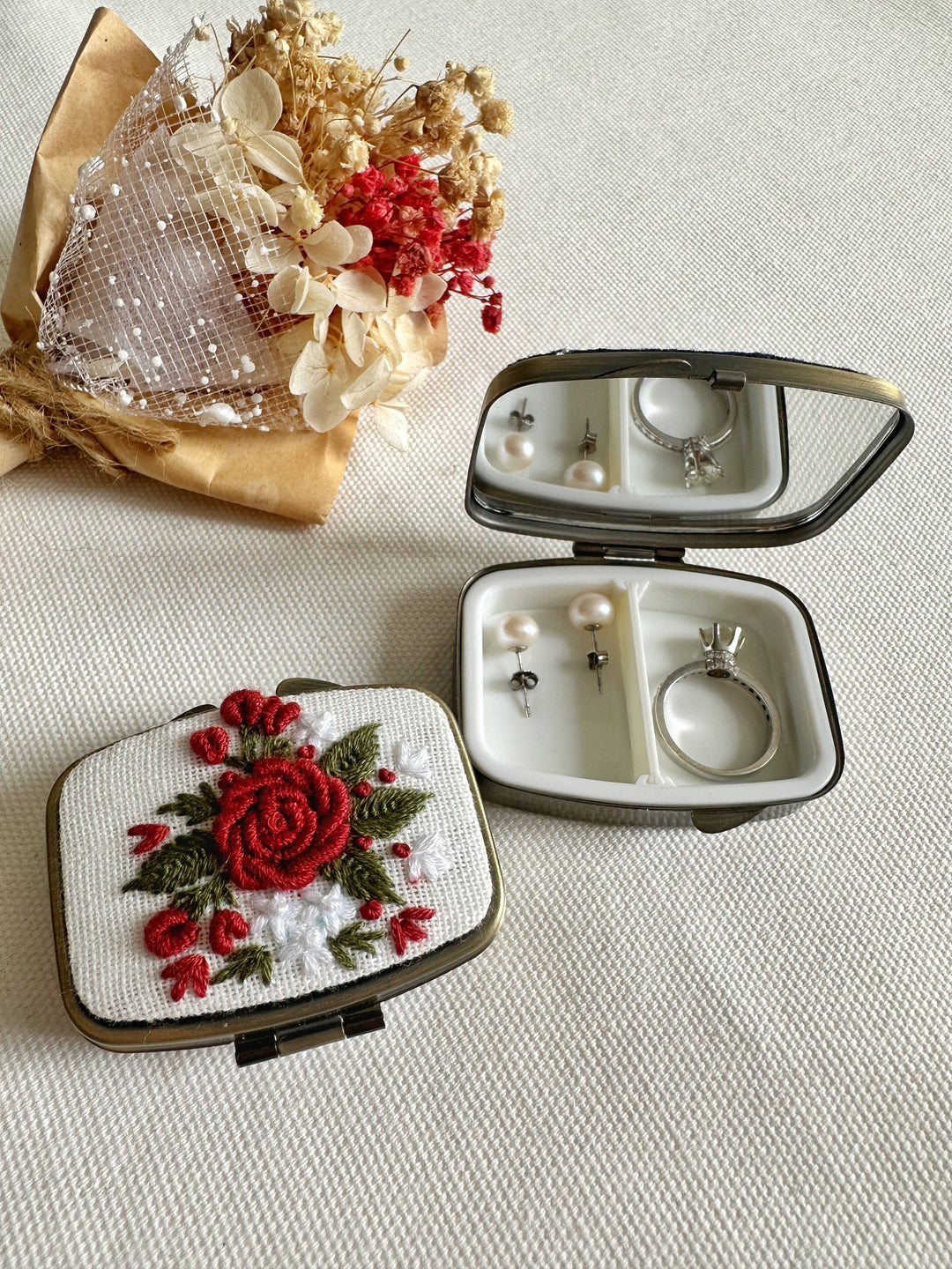 Floral Embroidered Rectangle Mini Jewelry Box With Mirror, 5 Styles