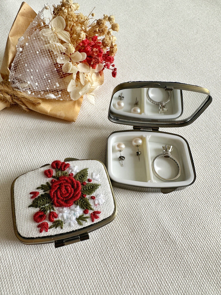 Floral Embroidered Rectangle Mini Jewelry Box With Mirror, 5 Styles