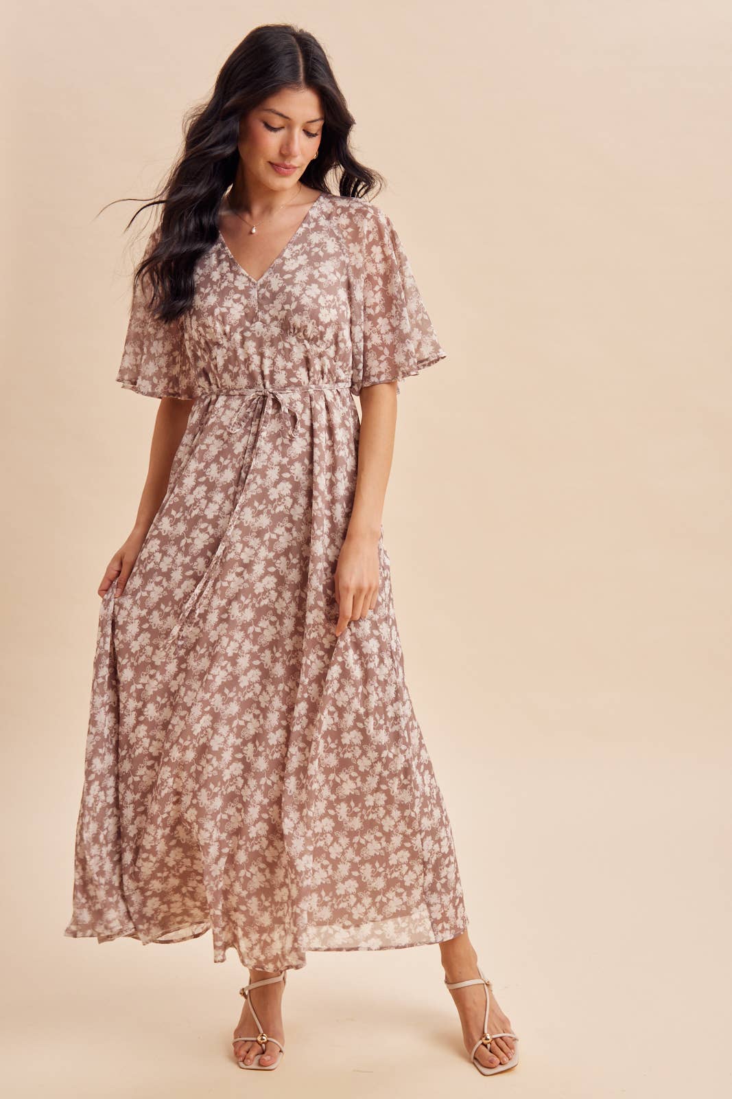 Flutter Sleeve Floral Maxi in Dark Taupe