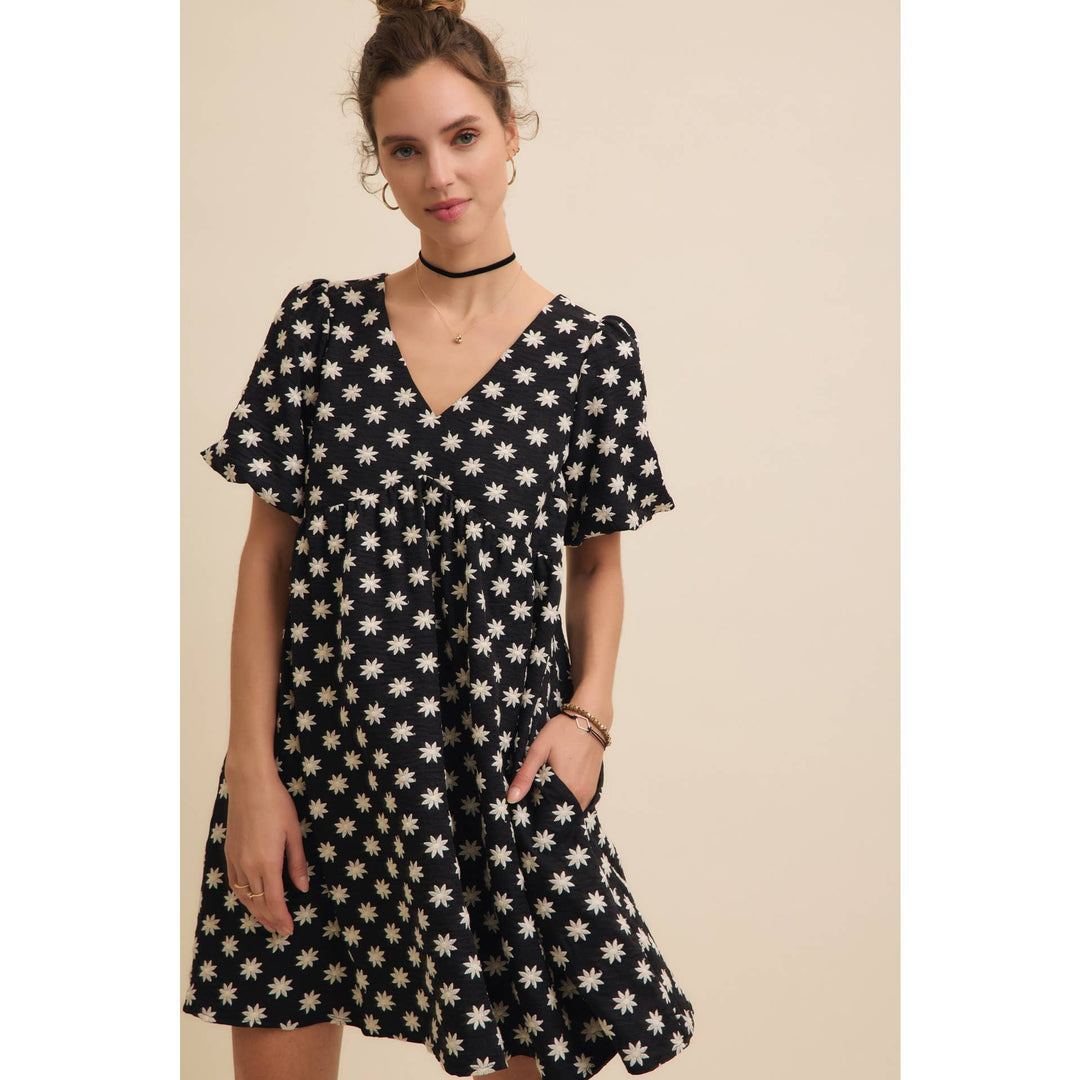 Embroidered Mini Dress with Puff Sleeves and Pockets