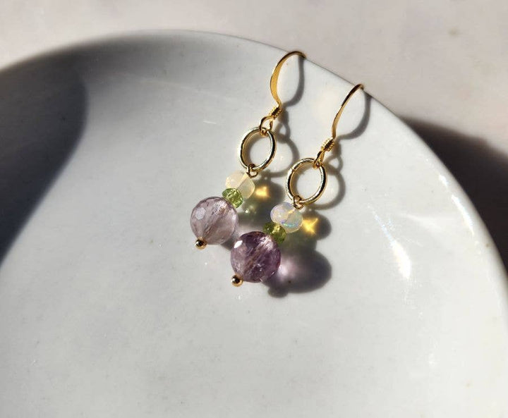 Light Amethyst, Peridot and Ethiopian Opal Gold Ringlet Earrings
