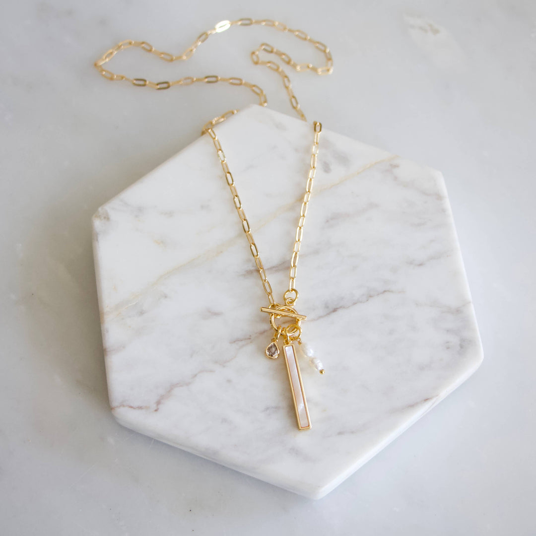 CZ, Mother of Pearl Charm Toggle Necklace 