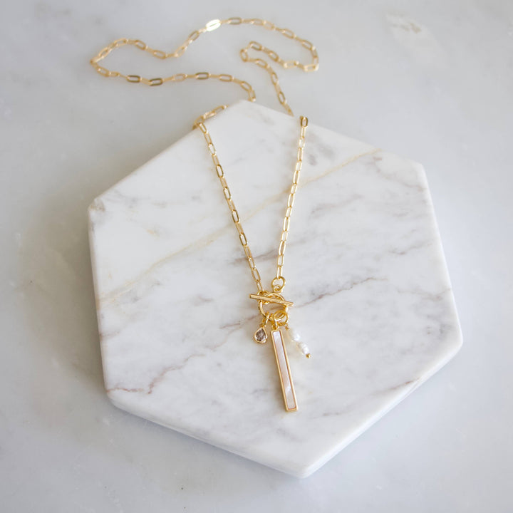 CZ, Mother of Pearl Charm Toggle Necklace 