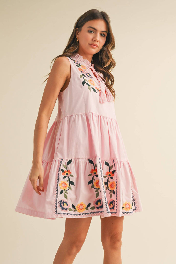 Pink Embroidered Mini Dress