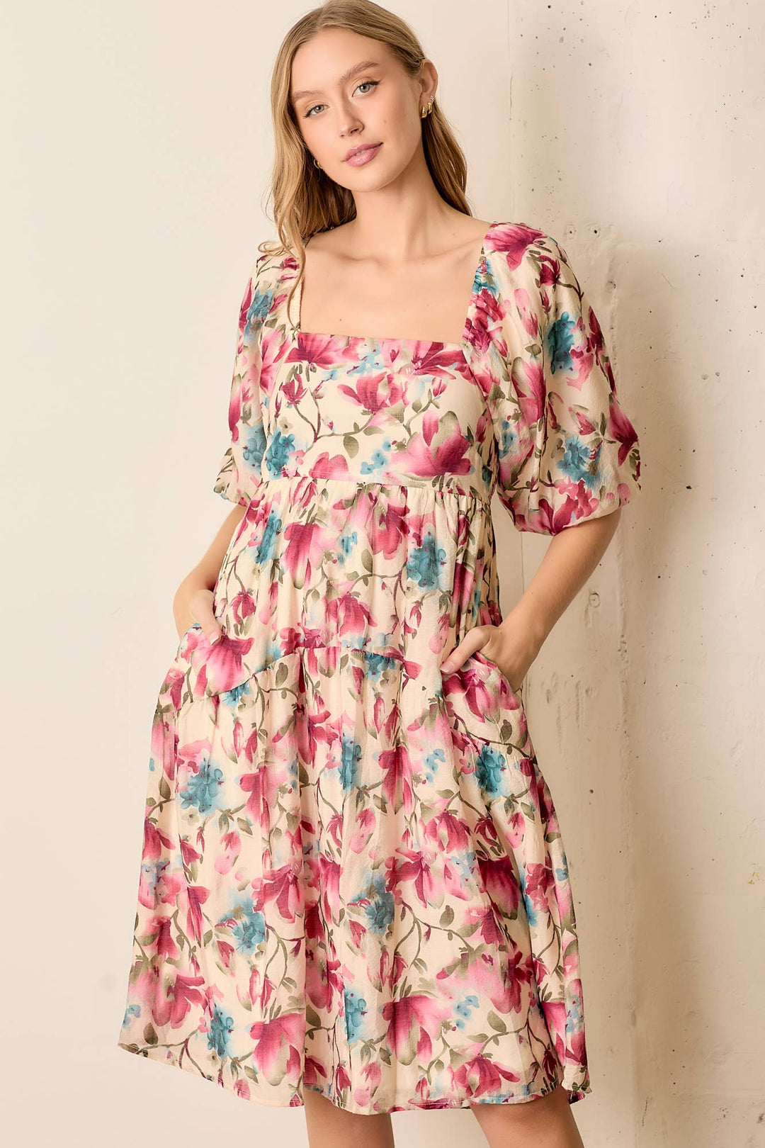 Magnolia Blossom Square Neck Midi Dress