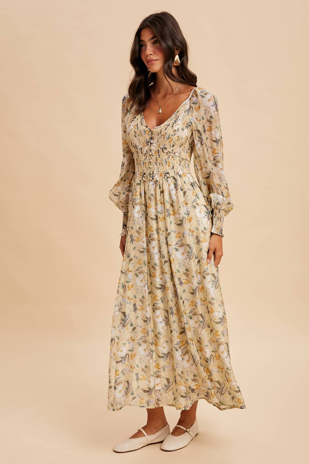 Smocked Floral Maxi Dress in Vintage Cream