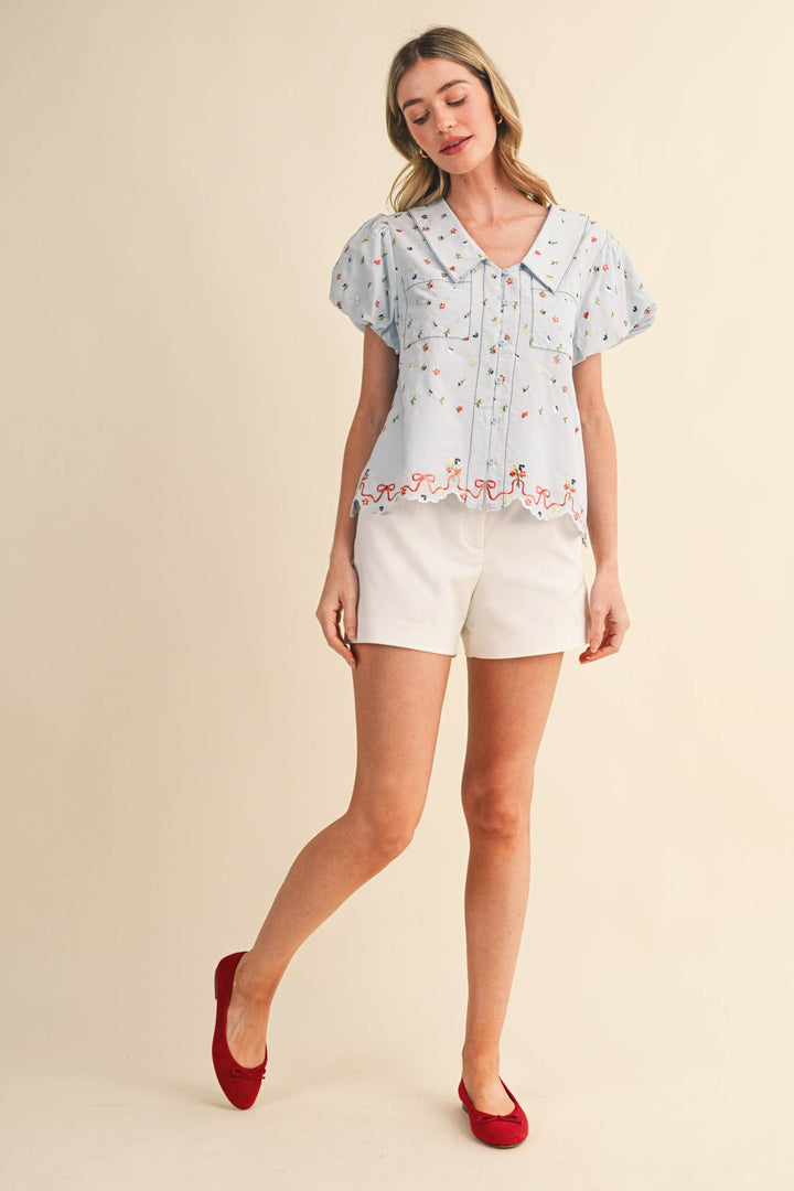 Embroidered Floral Bubble Sleeve Button Down in Baby Blue