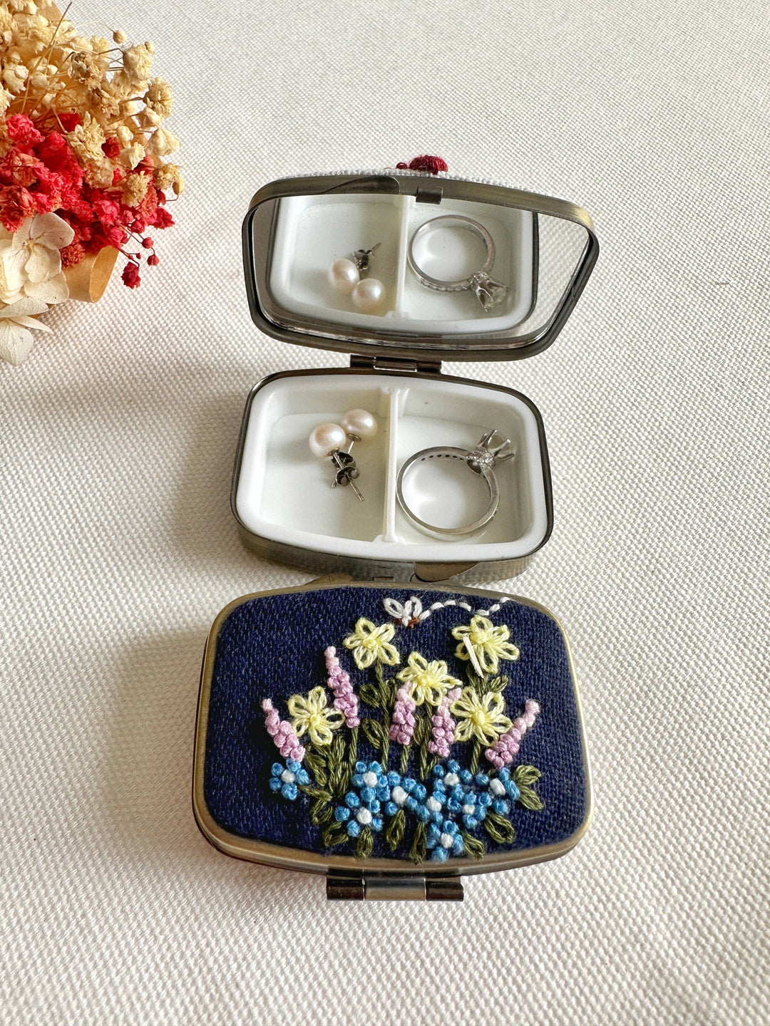 Floral Embroidered Rectangle Mini Jewelry Box With Mirror, 5 Styles