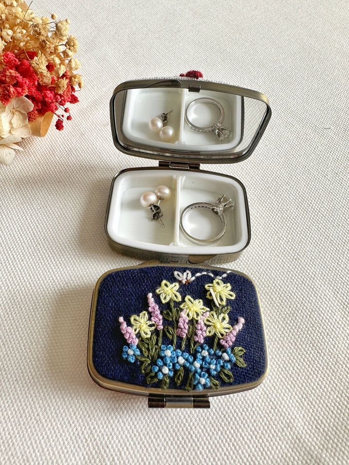 Floral Embroidered Rectangle Mini Jewelry Box With Mirror, 5 Styles