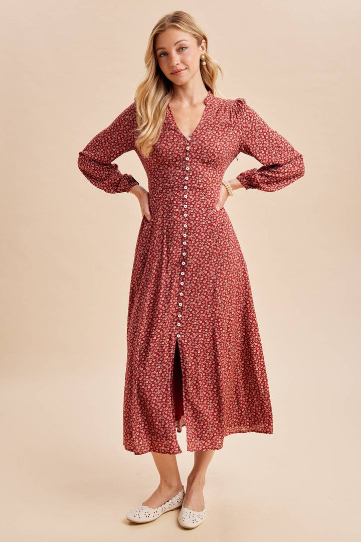 Long Sleeve Button Front Floral Maxi in Maroon