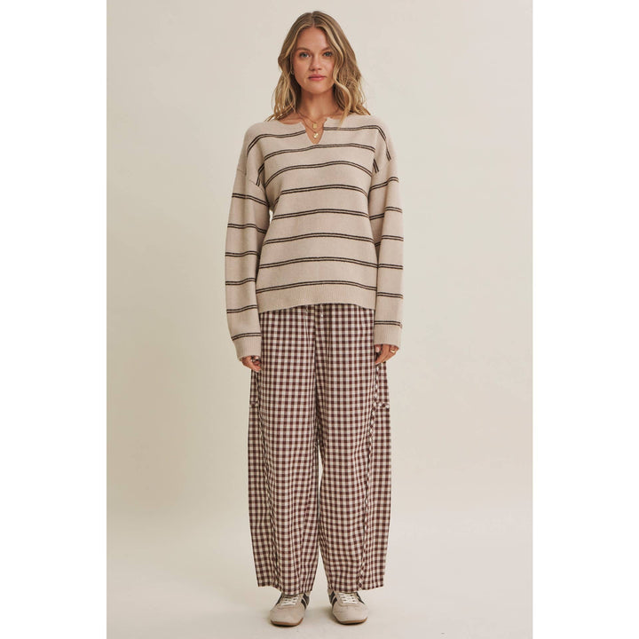 Relaxed Gingham Cotton Barrel Pants in Chocolate