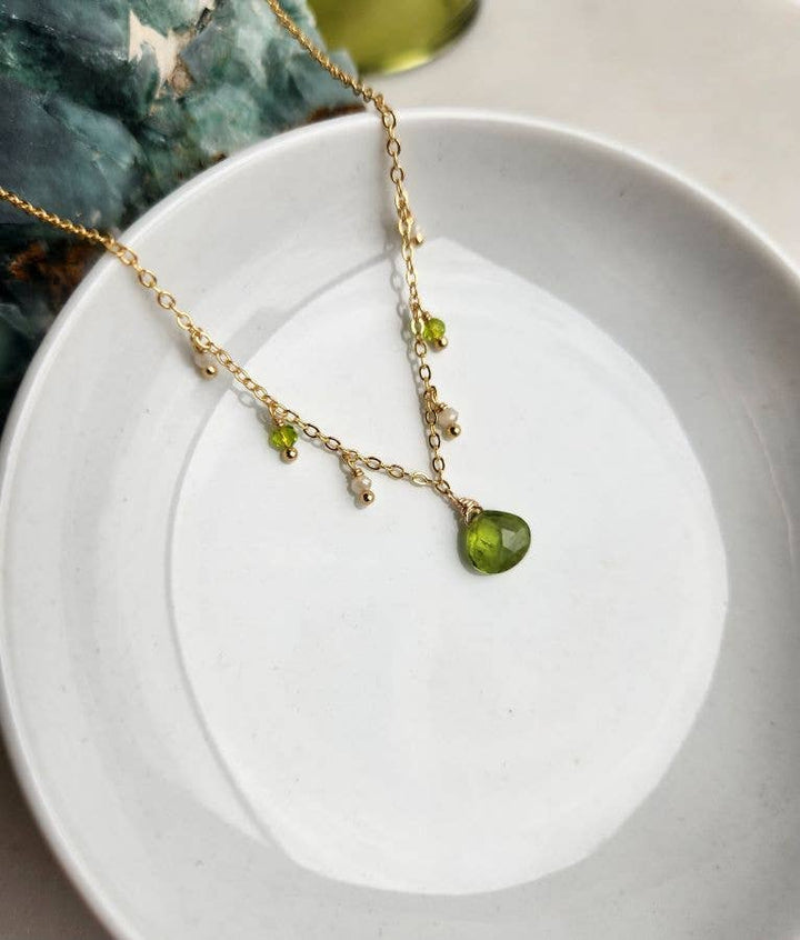Peridot and Cream Crystal Gold Fringe Necklace