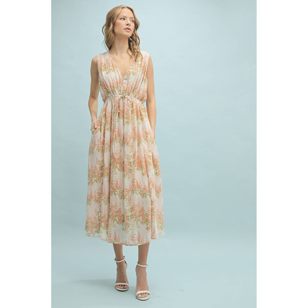 Floral Sleeveless Midi Dress in Off White/Coral