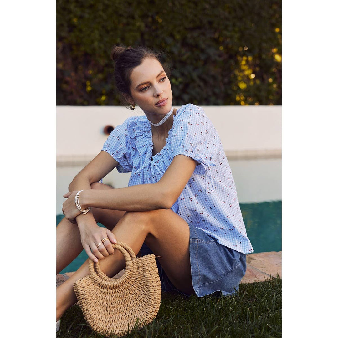 Summer Cherry Gingham Ruffled Blouse