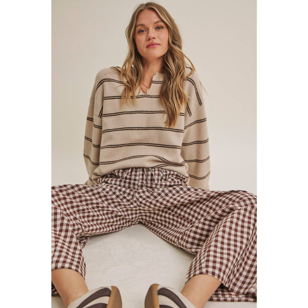 Relaxed Gingham Cotton Barrel Pants in Chocolate