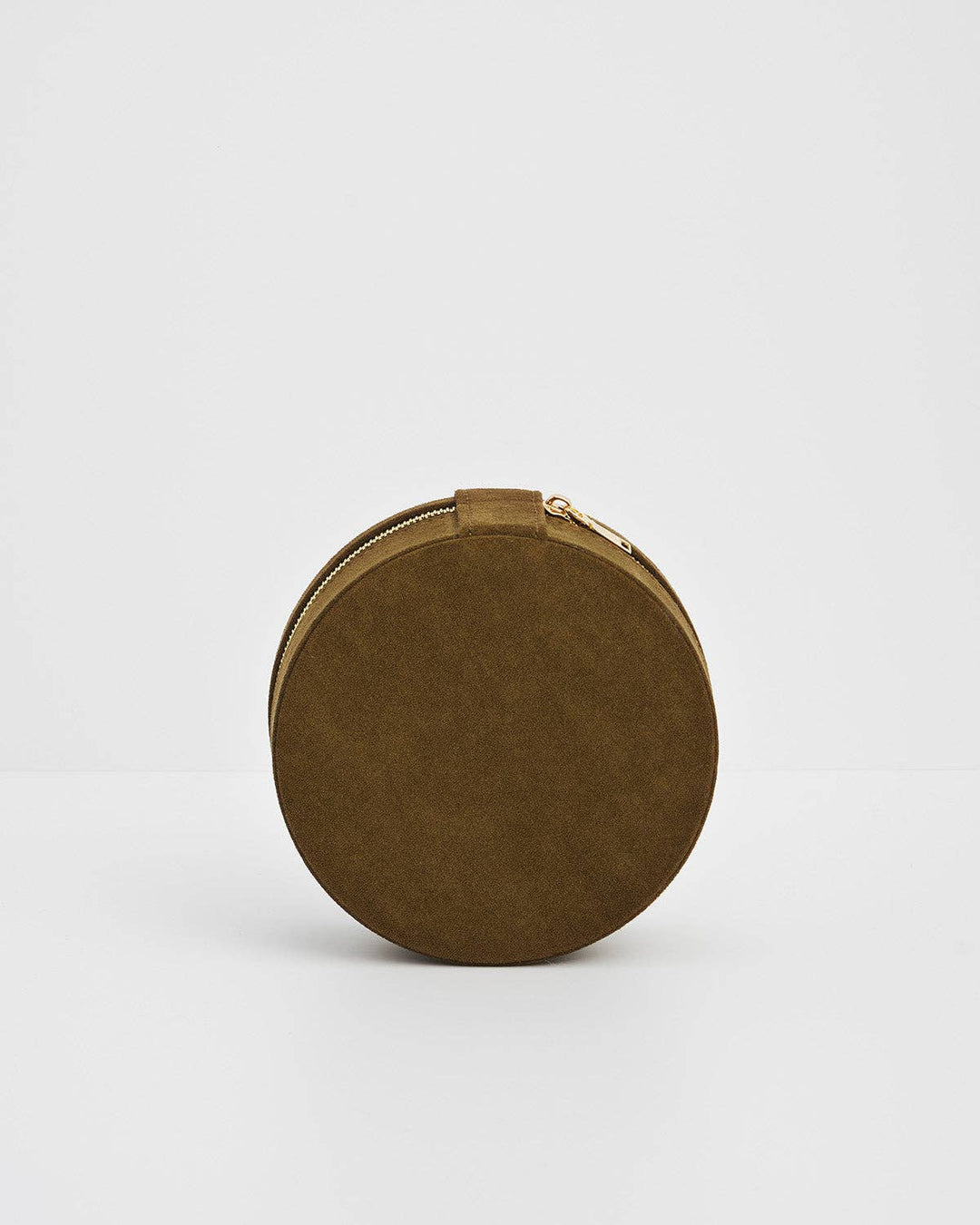 Hedgehog Embroidered Round Jewelry Box in Khaki Suedette