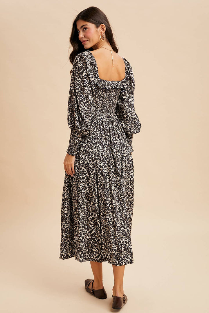 Smocked Ruffled Floral Maxi in Midnight