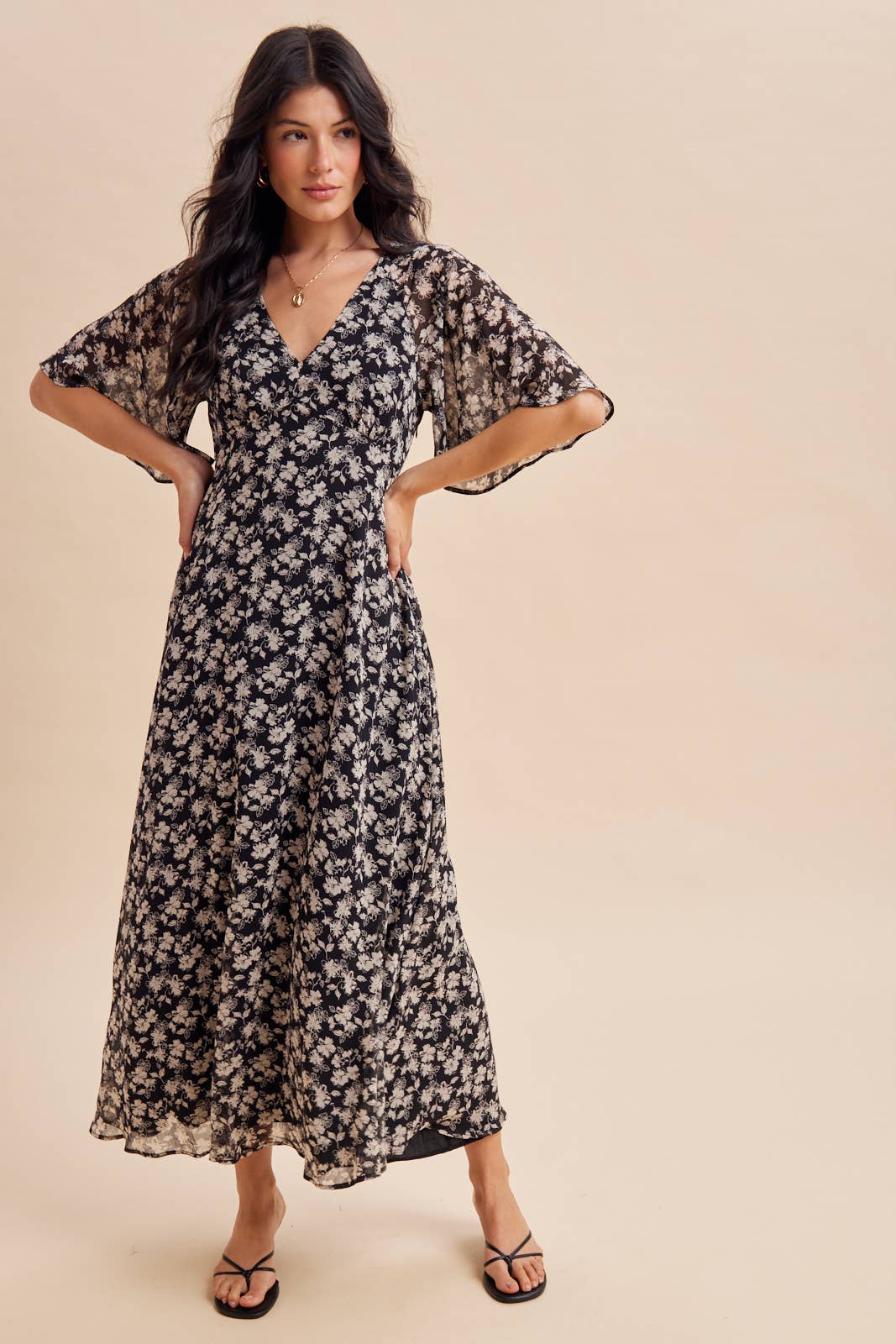Flutter Sleeve Floral Maxi Dress in Black