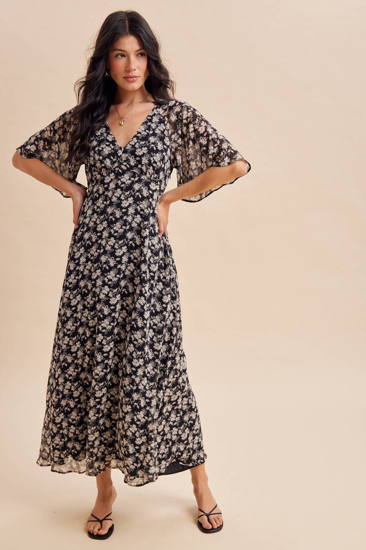 Flutter Sleeve Floral Maxi Dress in Black
