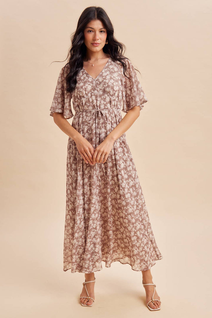 Flutter Sleeve Floral Maxi in Dark Taupe