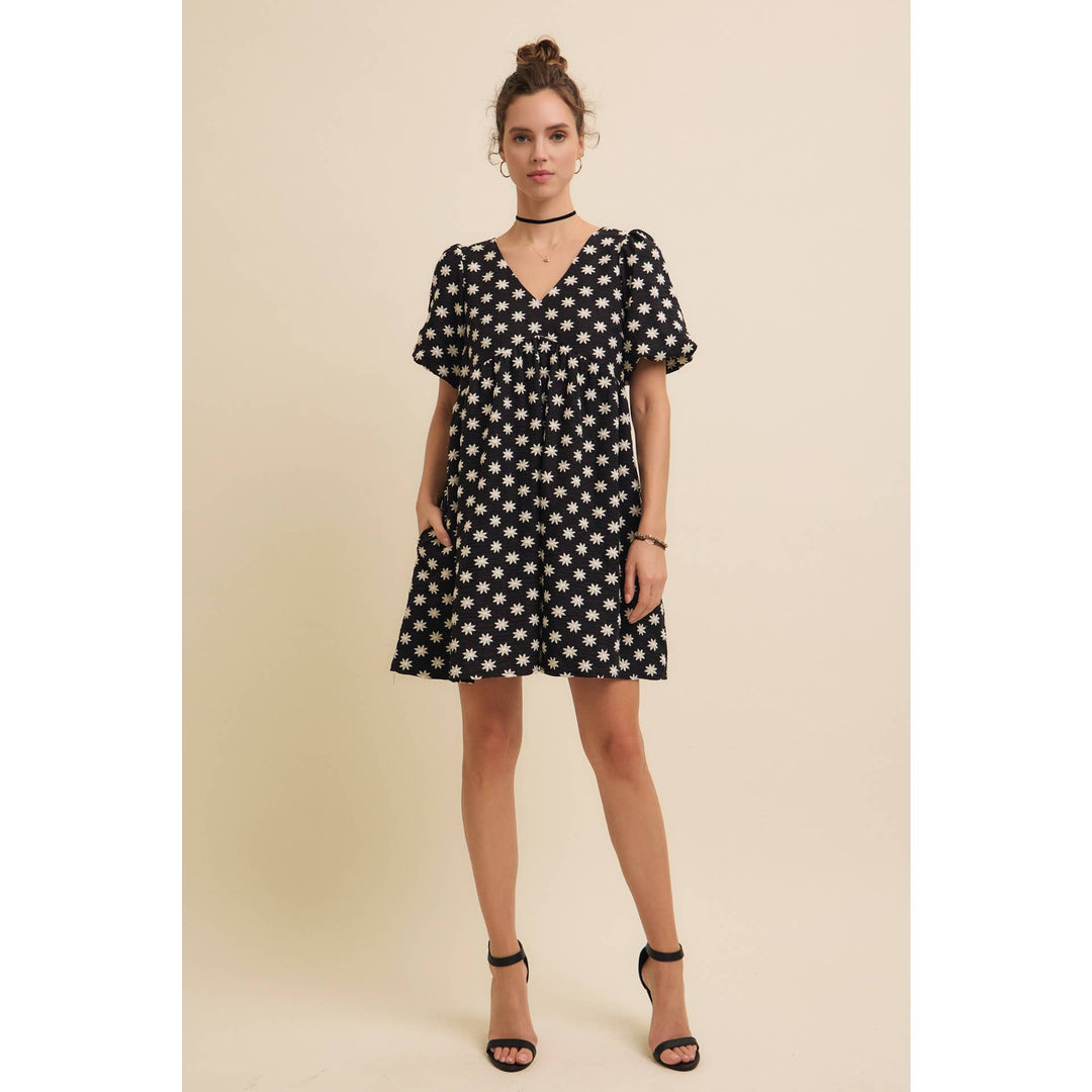 Embroidered Mini Dress with Puff Sleeves and Pockets