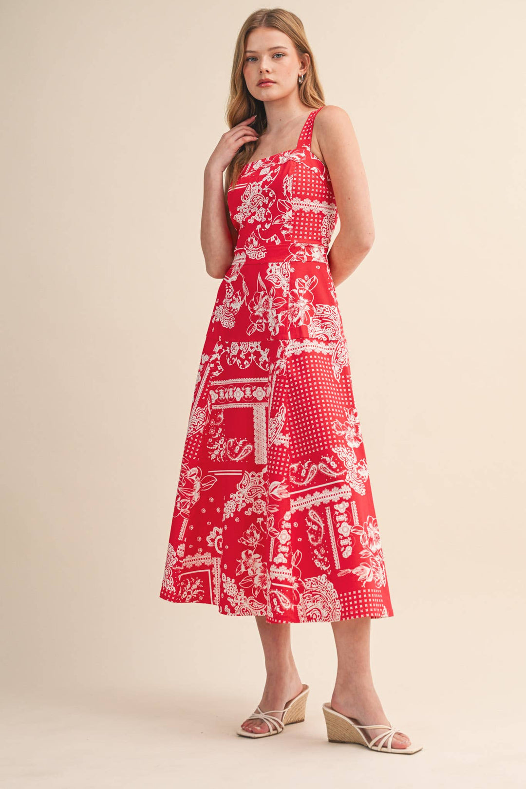 Floral Paisley Print Midi Dress in Red