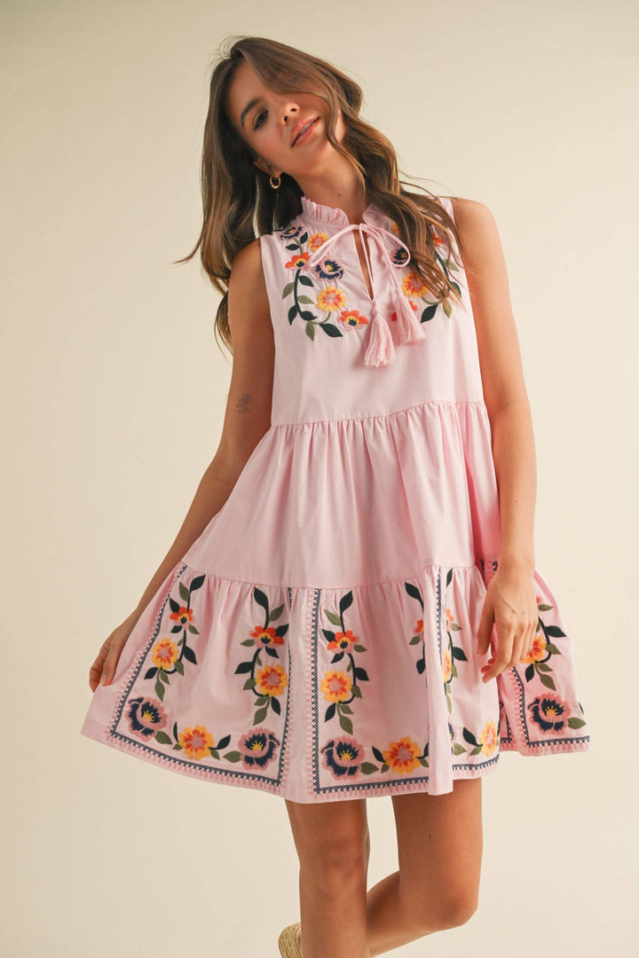 Pink Embroidered Mini Dress