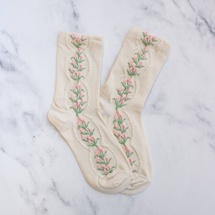 Antique Tulip Flower Socks in Beige