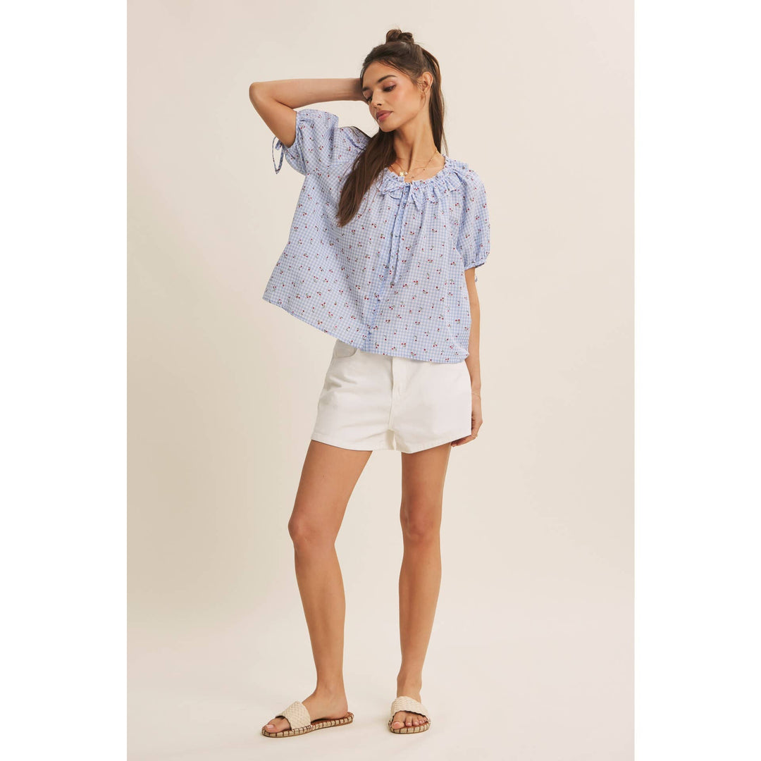 Summer Cherry Gingham Ruffled Blouse