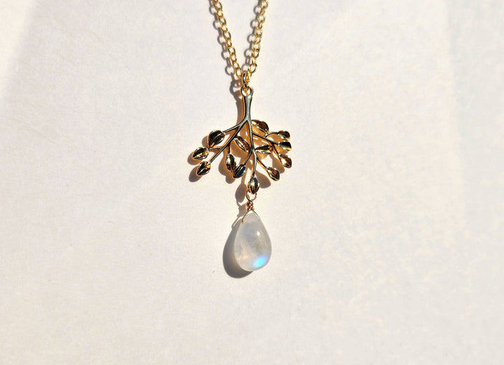 Rainbow Moonstone Gold Tree Branch Necklace