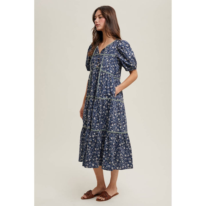 Navy Floral Piping Midi Dress