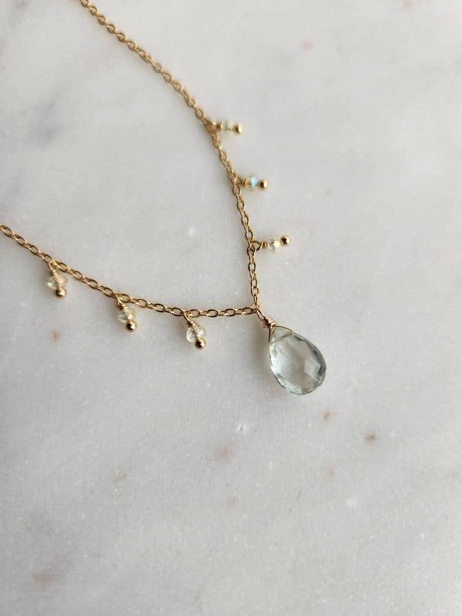 Green Amethyst and Yellow Crystal Gold Fringe Necklace