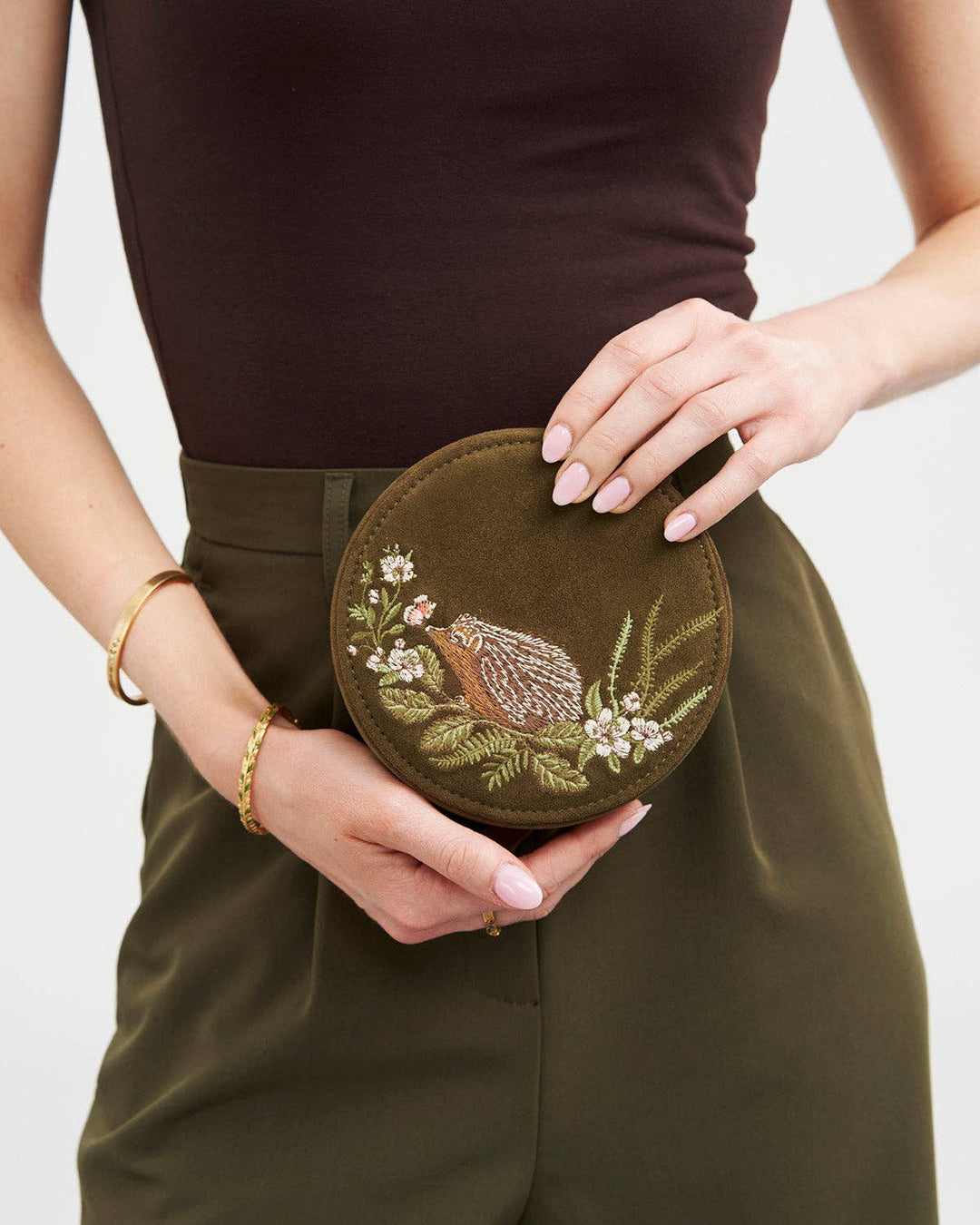 Hedgehog Embroidered Round Jewelry Box in Khaki Suedette