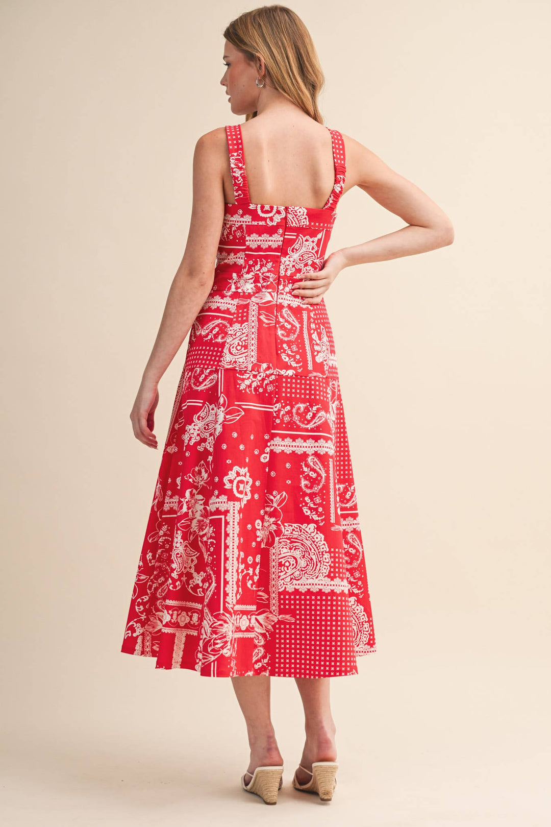 Floral Paisley Print Midi Dress in Red